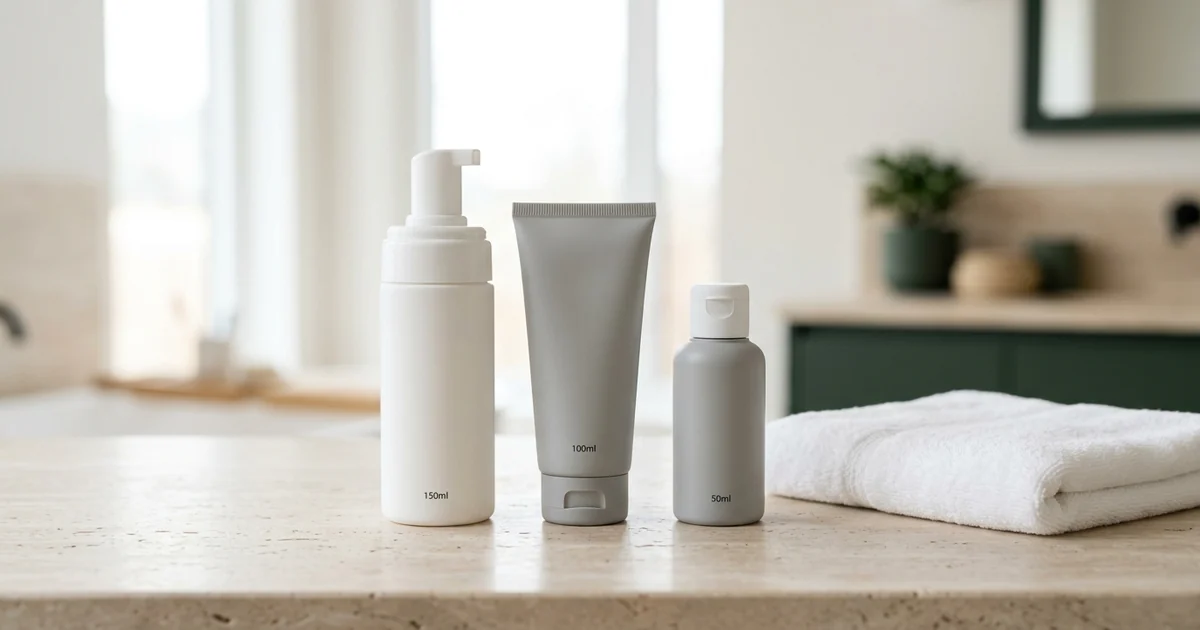 Kits de produtos de cuidados pós-procedimento estético organizados sobre bancada limpa em ambiente clínico.