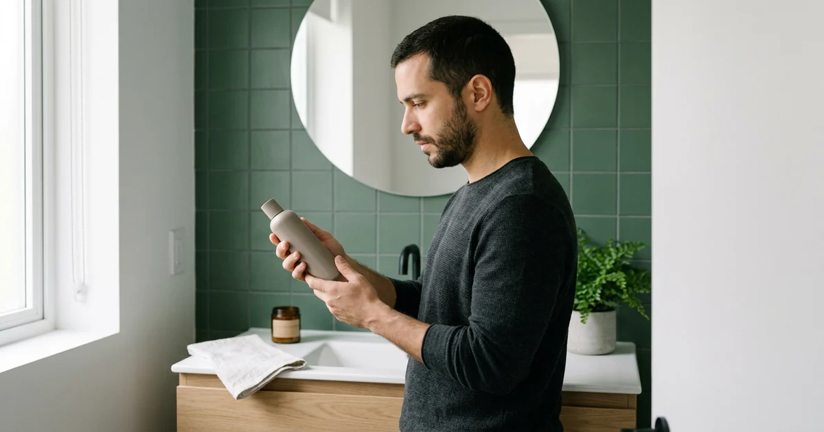 Homem examinando um frasco de shampoo antiqueda no banheiro, em contexto real de escolha de produto.