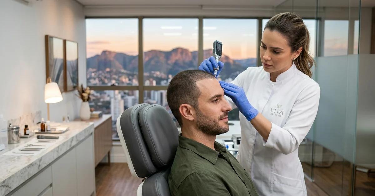 Homem realizando procedimento de micropigmentação capilar em clínica especializada em Belo Horizonte, Minas Gerais.