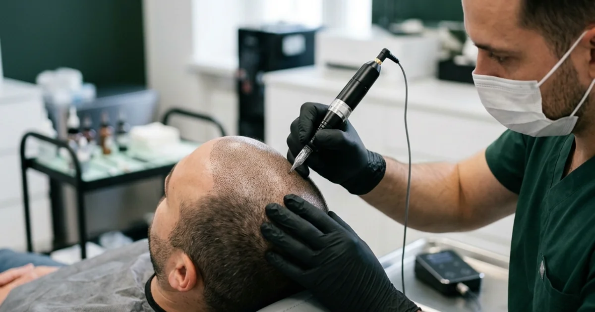 Procedimento de micropigmentação capilar sendo realizado em clínica moderna