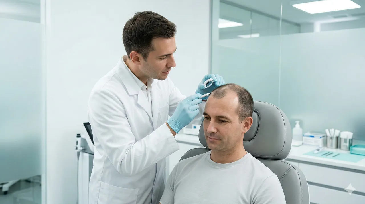 Especialista analisando couro cabeludo de paciente antes da micropigmentação capilar para verificar contraindicações