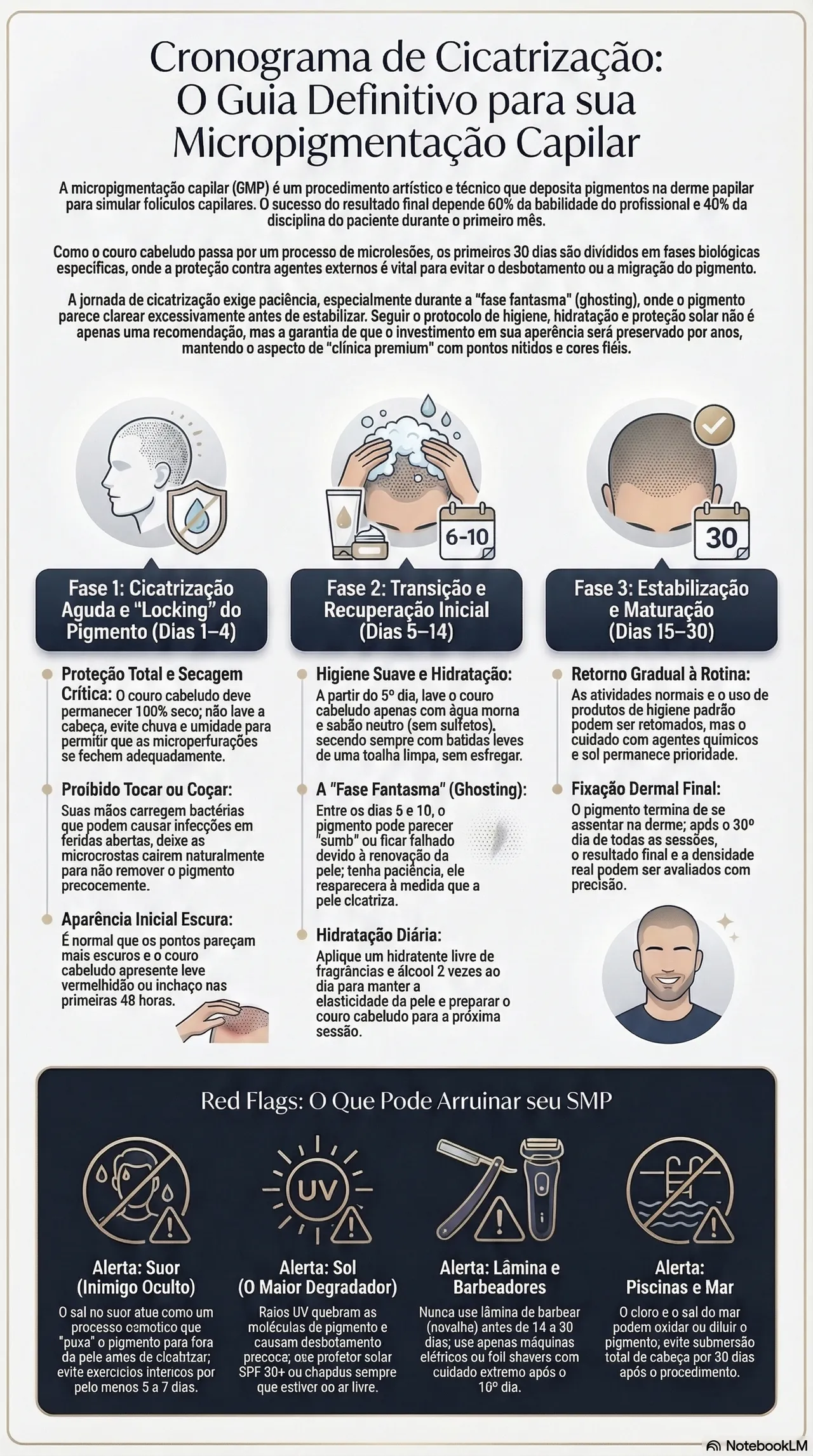 Infográfico detalhado das Fases de Cicatrização da Micropigmentação Capilar e Red Flags