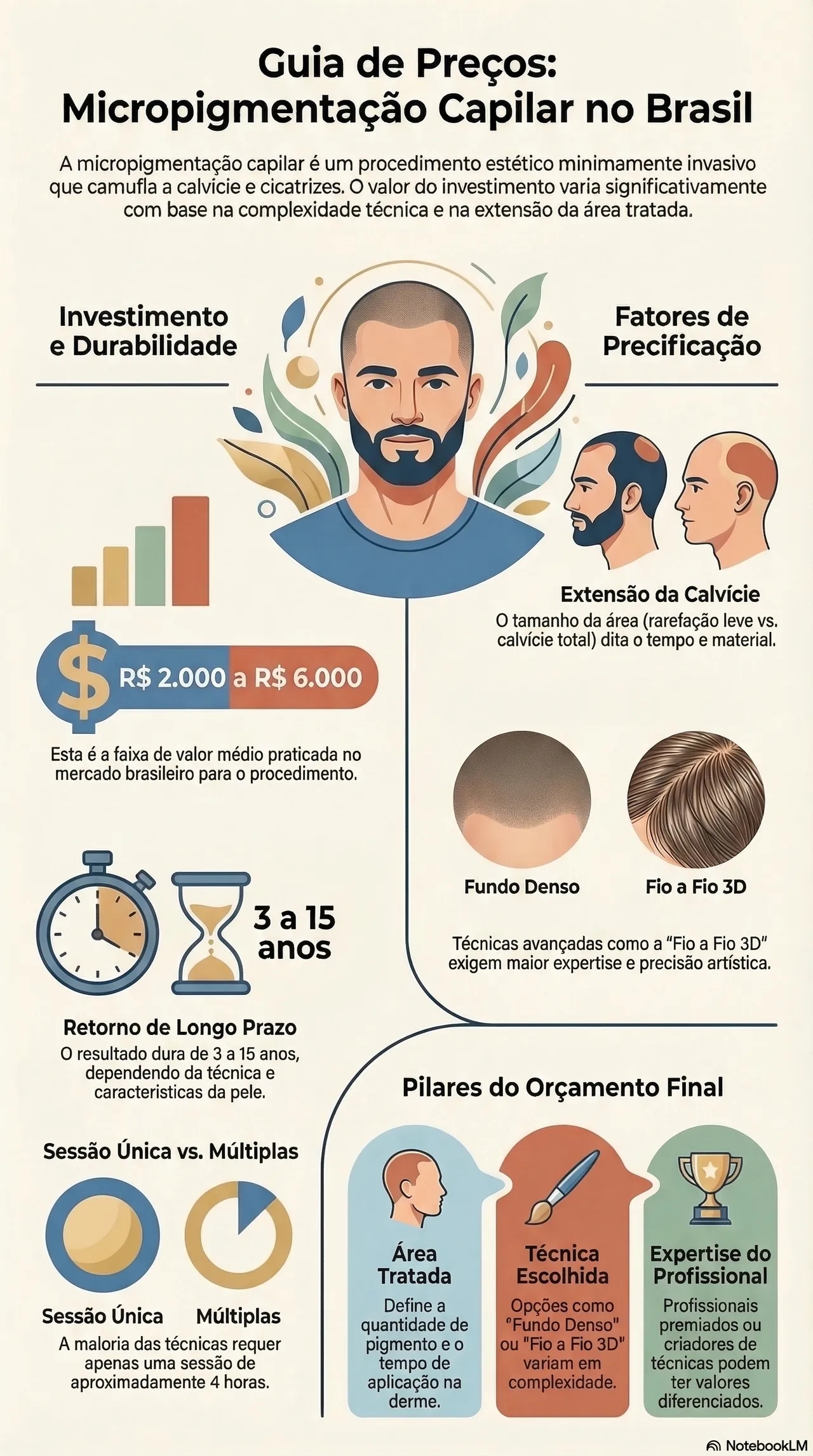 Infográfico detalhando a média de preços de R$ 2.000 a R$ 6.000 e fatures de precificação da Micropigmentação Capilar no Brasil