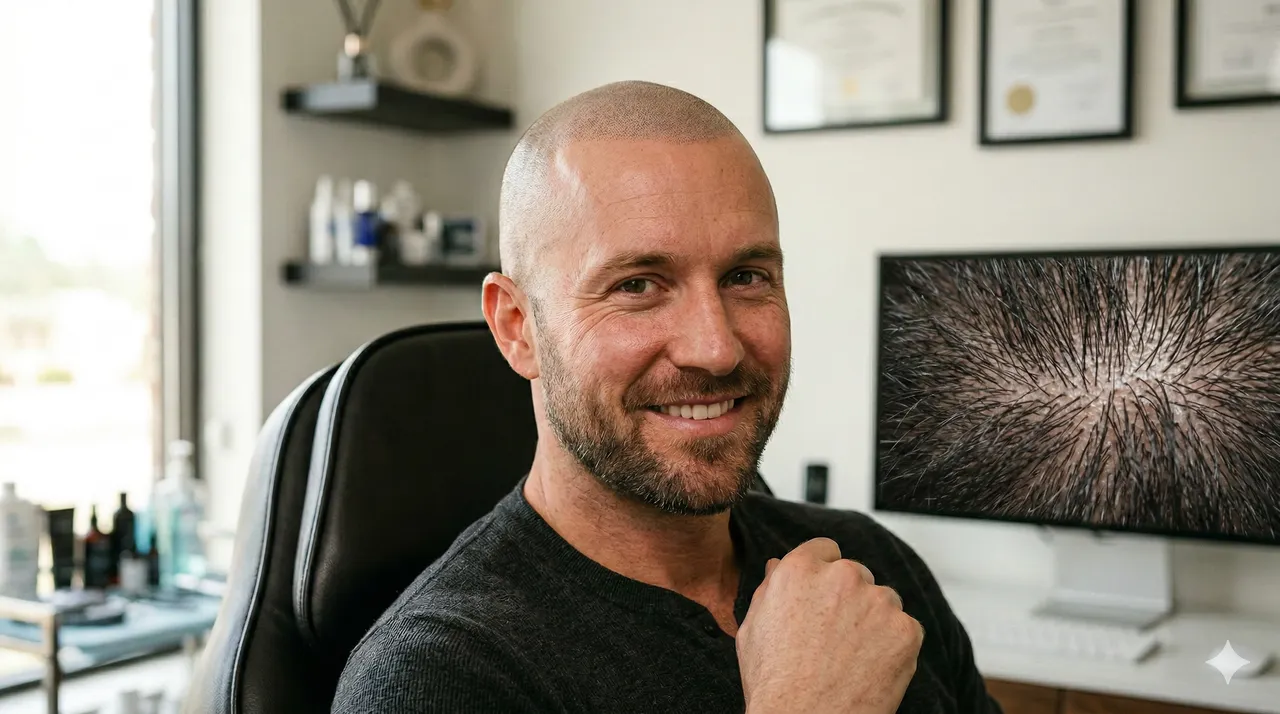Homem com micropigmentação capilar cicatrizada realista